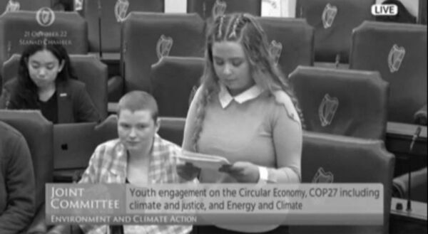 Latisha speaking in the Oireachtas as a climate youth ambassador.