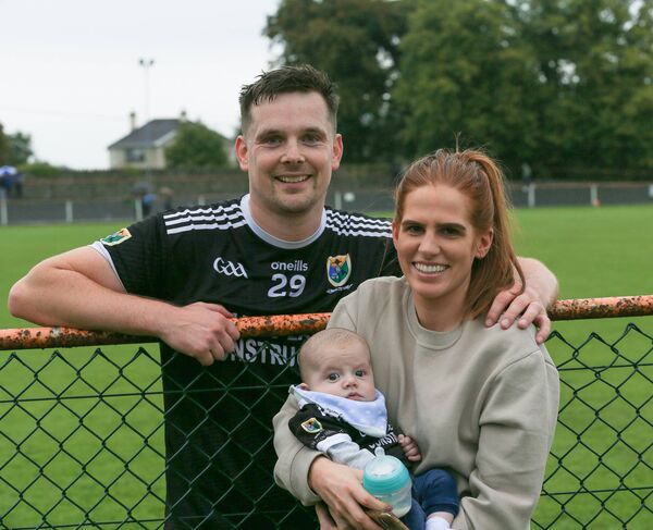 Eamonn Flanagan with his wife Shelly and the youngest Eire Og supporter at just 12 weeks, Teddy Flanagan at the intermediate football championship quarter final between Eire Og v St. Croan’s in Orchard Park, Elphin. Pic. Bernie O'Farrell