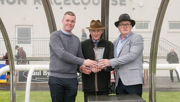 Pictured at the presentation of the Conor Cassidy Cars Handicap Hurdle prize at Roscommon Races last week were Conor Cassidy, Frank Berry JP McManus race manager and Tom Cassidy. Park of Kings won the race. Pic. Michelle Hughes Walsh 