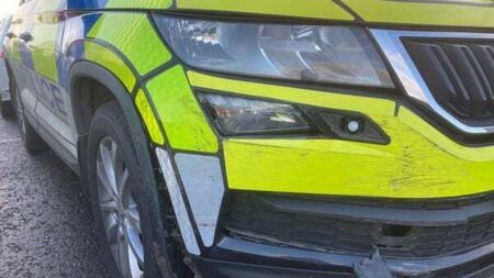 Two officers escape serious injury after vehicle is rammed