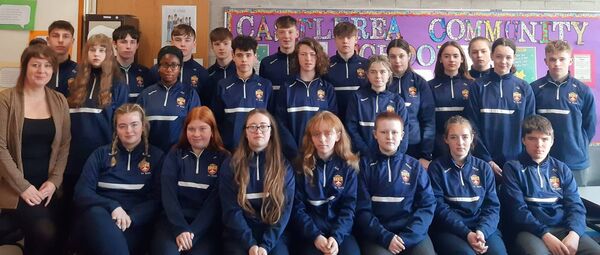 Gail Murray, Chairperson of Ballintubber Development Association, pictured with TY students during her visit to CCS. 