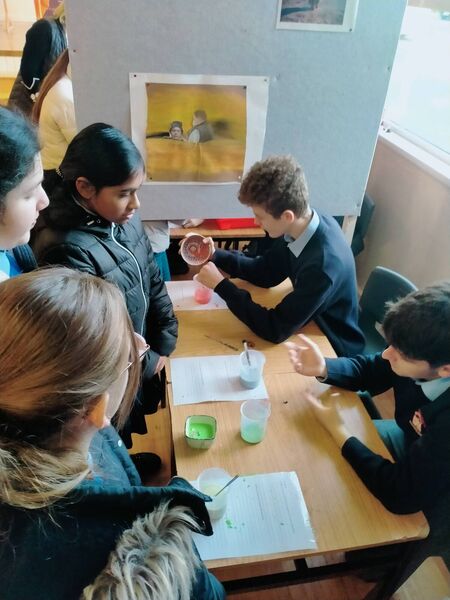 Students from St. Coman’s Wood learning about an experiment to make slime.