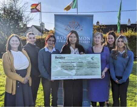 Ms Georgina Keena, Principal; Patricia Bernie and students Maja Smolinska, Natalia Kesek, Ameila Dlugokecka, Emma Francis Jacob presenting a cheque to Martina Jennings, CEO of Mayo Roscommon Hospice.