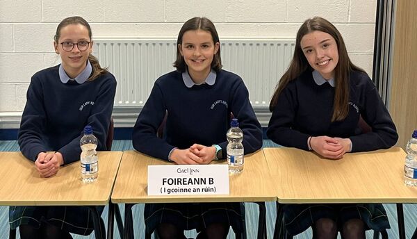 The junior Irish debating team of Orla Turner, Ellen Brennan and Emma Fallon will progress to Round 2 of the Gael Linn Irish Debating Competition after their success in Round 1. 