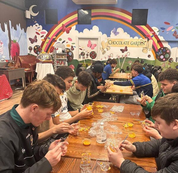 LCVP students Kian Micthell, Andrew Stuart Trainor and Andrew Sheffield enjoying the Chocolate Garden.
