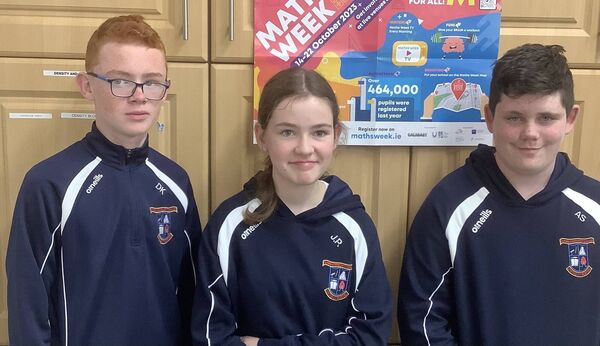 Pictured are members of the First Year Maths Quiz winning team from Ms Daly's class during Maths Week. Congratulations to Dylan Kelleher, Julia Pawlak and Alfie Selvanayagam.