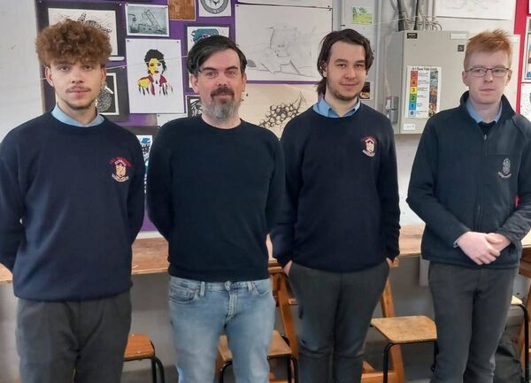Adrian Mulryan with senior art students Patryk Debowski, Frankie Gardner and Craig Counihan. 