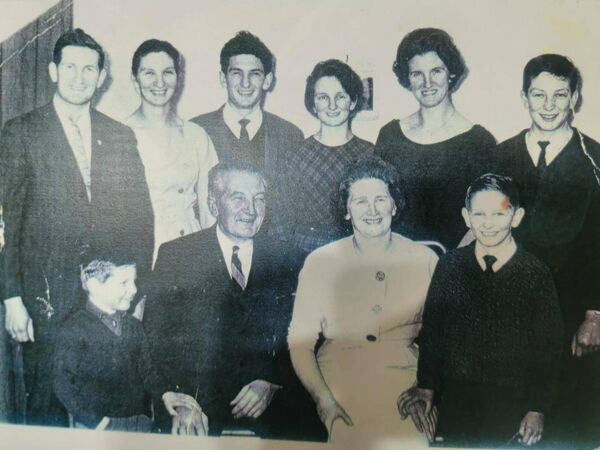 Tom and Nora Garvey with their children: (Back L-R): Pat, Norrie, Martin, Mary, Greta, Tom (Front L – R): Michael, Tom, Nora, John