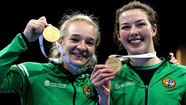 2022 IBA Women's World Boxing Championships Finals Weigh-In, Istanbul, Turkey 19/5/2022Amy Broadhurst and Lisa O'Rourke celebrate with their gold medals.Credit ©INPHO/Aleksandar Djorovic. 2022 IBA Women's World Boxing Championships Finals Weigh-In, Istanbul, Turkey 19/5/2022Amy Broadhurst and Lisa O'Rourke celebrate with their gold medals.Credit ©INPHO/Aleksandar Djorovic.