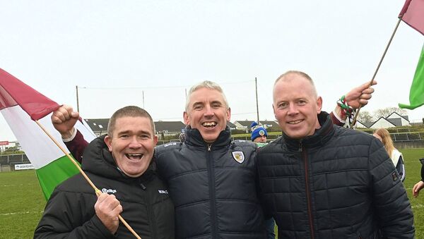 Michael McDermott, Ollie Connaughton and Ken Duggan celebrate Castlerea St. Kevin's historic Connacht club intermediate football championship final success at Tuam Stadium on Saturday last. Pic. Gerard O’Loughlin Michael McDermott, Ollie Connaughton and Ken Duggan celebrate Castlerea St. Kevin's historic Connacht club intermediate football championship final success at Tuam Stadium on Saturday last. Pic. Gerard O’Loughlin