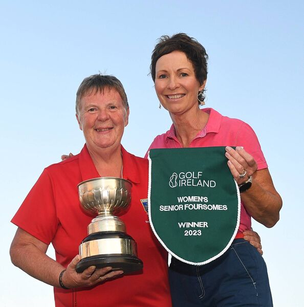 Joint captains Sheila Fallon and Joan O’Gara celebrate their women's senior foursomes success in Roscommon Golf Club on Friday evening. 