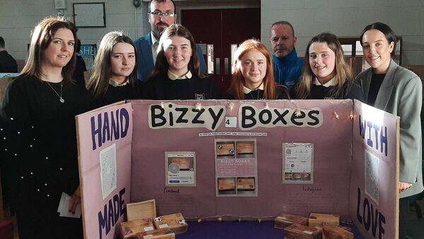 Fourth place winners in the Scoil Mhuire Enterprise Competition were Eilish Cox, Rachel Lannon, Emma Kearns, Anna Judge, Shauna Casey - Bizzy Boxes.