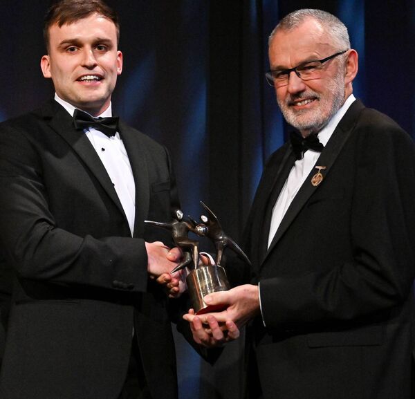 November 2023: Enda Smith is presented with his PwC All-Star award by Uachtarán Chumann Lúthchleas Gael Larry McCarthy. Pic. Brendan Moran/Sportsfile November 2023: Enda Smith is presented with his PwC All-Star award by Uachtarán Chumann Lúthchleas Gael Larry McCarthy. Pic. Brendan Moran/Sportsfile