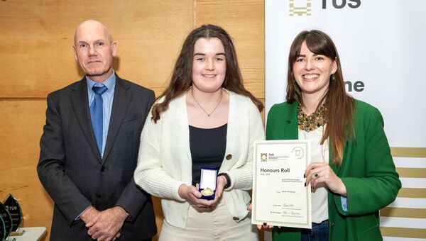 Sarah McTiernan from Fourmilehouse with Dr. Don Faller, Dean of Faculty, Science &amp; Health and Dr. Deirdre Walsh, Lecturer Department of Social Science after Sarah was honoured at TUS Athlone for her academic achievements. Pic. Nathan Cafolla