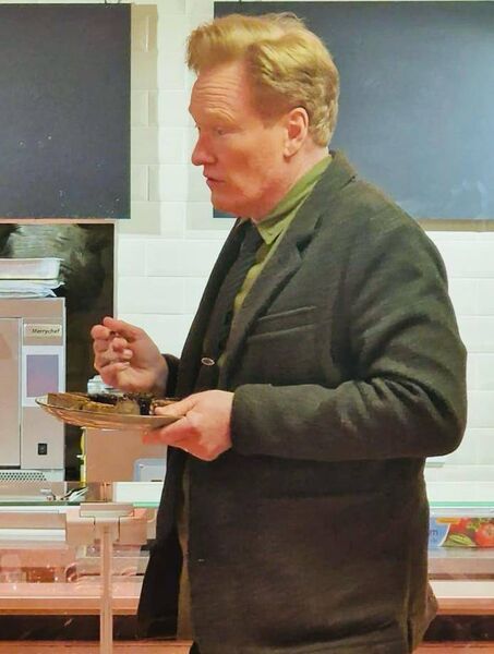 Conan O'Brien sampling the famous Loughnane black pudding. Conan O'Brien sampling the famous Loughnane black pudding.