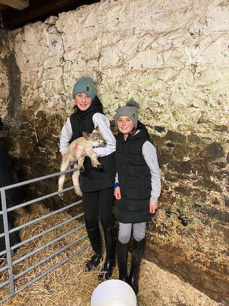 Alexandra and Arianna with the lamb born on New Year's Eve.