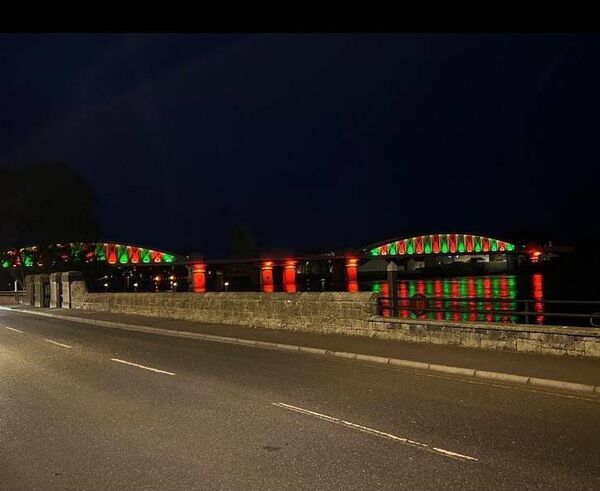 The bridge over the Shannon in Athlone all lit up in the green and red of St. Brigid's. The bridge over the Shannon in Athlone all lit up in the green and red of St. Brigid's.