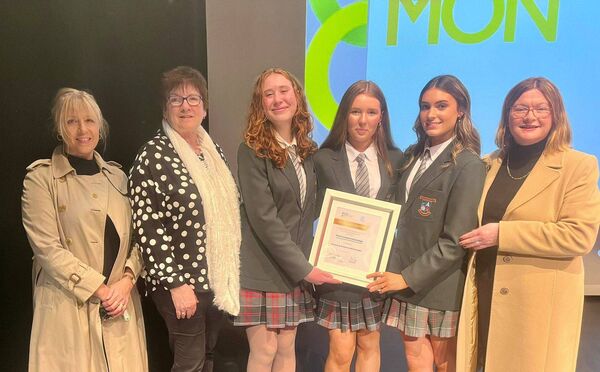 Ms Susan Prendergast, Art teacher and Junk Kouture mentor; Cllr Valerie Byrne, Mary McNulty, Martha Nugent, Vanessa Kielty (Junk Kouture Design Team and world finalists) and Ms Siobhàn Cullen, Principal, Elphin Community College, celebrating the success of the team.