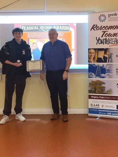 Darragh Hunt, recipient with Pat Collum, Coordinator, Roscommon Youthreach.