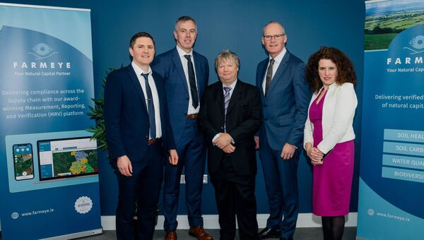 At the official opening of FARMEYE's new office in Monksland were co-founders Dr Eoghan Finneran, Brendan Allen and Joe Desbonnet with Enterprise Minister Simon Coveney and Fine Gael Senator Aisling Dolan.