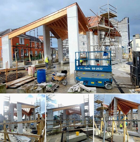 Photographs of the covered civic space on The Square taking shape. Photographs of the covered civic space on The Square taking shape.