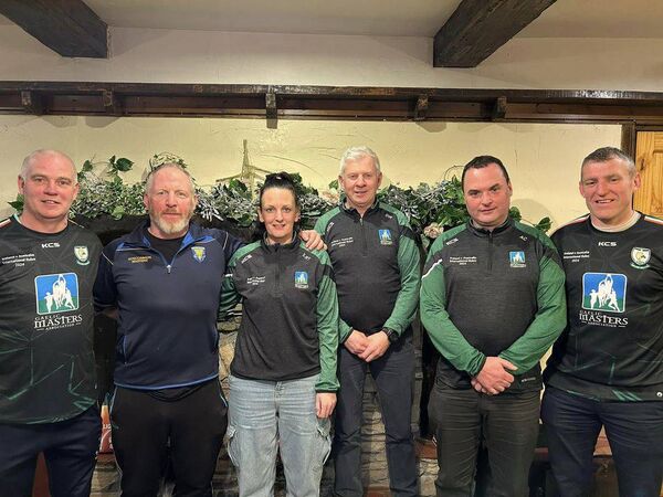 Ireland Masters players Conor Bernie, Sharon Ryan Tarmey, Declan Woods and Dermot Foley, and Anthony Carroll, a member of the management team, with sponsor Damien Garvey. 