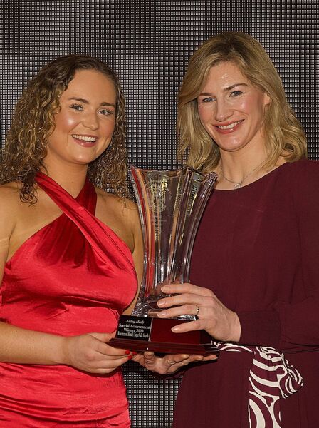 Roscommon Herald/SuperValu Special Achievement recipient, Aisling Hanly, receives her award from special guest, Nina Carberry. 