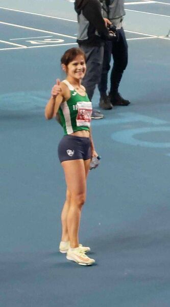 Ann Wynne celebrates finishing third in the W55 800 metres at the European Masters Athletics Championships. Ann Wynne celebrates finishing third in the W55 800 metres at the European Masters Athletics Championships.