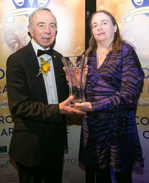 Best Actor OPEN award sponsored by Brigeen &amp; Gerry Fitzmaurice, accepted by Tom Costello (Festival Committee) on behalf of John Stack, Ballyduff Drama Group for his role as Quinn Carney in The Ferryman, presented by Dawn Fitzmaurice. Pic. Michelle Hughes Walsh