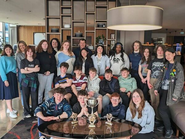 TY drama students pictured with their All-Ireland awards.