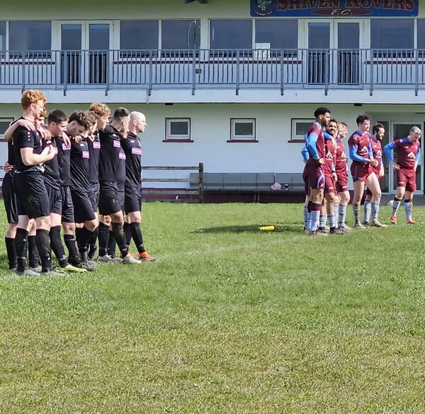 Moore United and Shiven Rovers players before their penalty shootout in Sunday's Premier Division Cup semi-final final at Newbridge. 