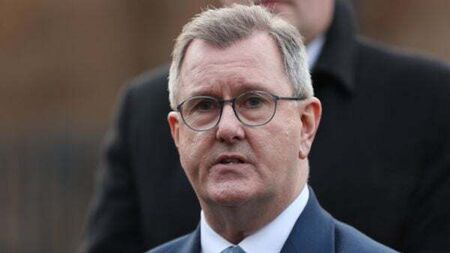 Former DUP leader Jeffrey Donaldson arrives at court to face sex charges