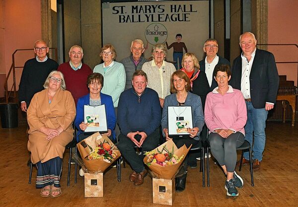 Various presentations were made to two outgoing/retiring councillors, Kathleen Shanagher and Orla Leyden, by Ballyleague Tidy Towns for their help and support over the years. The presentation were made at the group's AGM in St. Mary’s Hall, Ballyleague. In picture, front, left: Miriam Burke, Cllr Kathleen Shanagher, Gerry Trimble, Chairperson, Ballyleague Tidy Towns, Cllr Orla Leyden and Grainne Egan. Back: J.P. Kilcline, John Donlon, Margaret Thompson, John O’Loughlin, Liz Greene, Eileen Plested, Jimmy Hudson (all Ballyleague Tidy Towns) and Larry Brennan, Chairperson, Roscommon Town Team. Pic. Gerard O’Loughlin Various presentations were made to two outgoing/retiring councillors, Kathleen Shanagher and Orla Leyden, by Ballyleague Tidy Towns for their help and support over the years. The presentation were made at the group's AGM in St. Mary’s Hall, Ballyleague. In picture, front, left: Miriam Burke, Cllr Kathleen Shanagher, Gerry Trimble, Chairperson, Ballyleague Tidy Towns, Cllr Orla Leyden and Grainne Egan. Back: J.P. Kilcline, John Donlon, Margaret Thompson, John O’Loughlin, Liz Greene, Eileen Plested, Jimmy Hudson (all Ballyleague Tidy Towns) and Larry Brennan, Chairperson, Roscommon Town Team. Pic. Gerard O’Loughlin