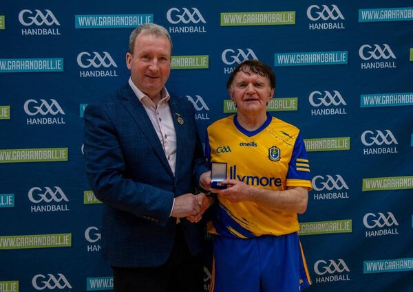 Mickey Walsh with GAA Handball President, Conor McDonagh, after the recent 4-Wall All-Ireland Over-70s handball final in Croke Park. 