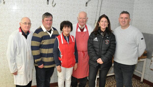The Gannon family Mark, Mary, Ignatius, Niall and Maura with Joe Healy on the final day in business at Gannon Butchers in Castlerea. Pic. Liam Reynolds 