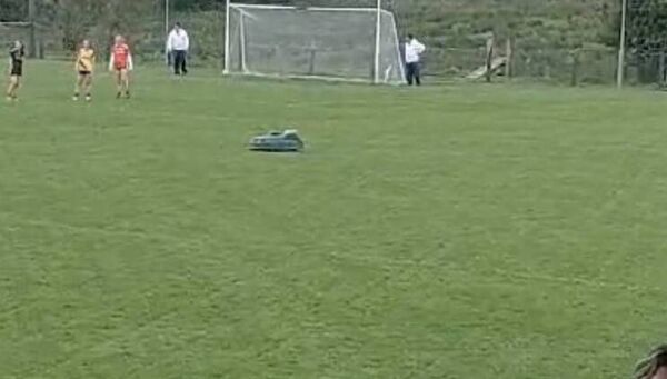 Larry the robotic mower who made a dramatic entrance to Ardcarne Park after two minutes of Roscommon's championship game against Sligo on Friday evening. Larry the robotic mower who made a dramatic entrance to Ardcarne Park after two minutes of Roscommon's championship game against Sligo on Friday evening.