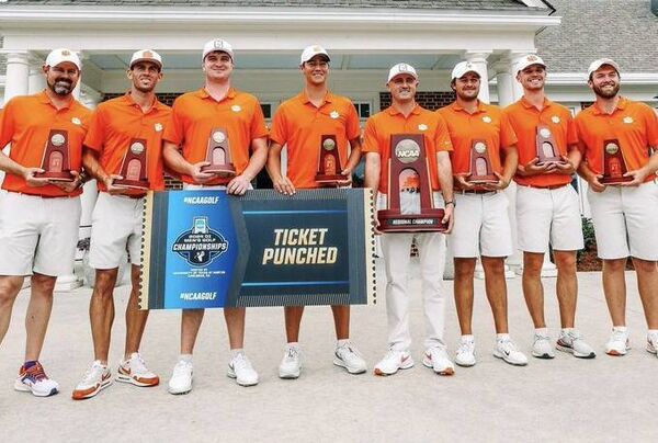 Thomas Higgins (third from left) with his Clemson University senior golf team-mates after their historic success at the NCAA Chapel Hill Regional on Wednesday.