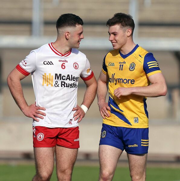 Tyrone's Michael Rafferty with Roscommon's Bobby Nugent reflecting on the recent All-Ireland U-20 football semi-final between the sides at Kingspan Breffni. Picture: INPHO/John McVitty