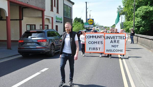 Vincent Beirne leads the protest in Castlerea on Sunday afternoon. Pic. Liam Reynolds