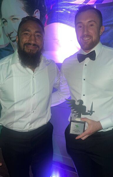 Fintan with Connacht and Irish rugby international, Bundee Aki, at the Connacht Rugby awards in Galway on Saturday night. 