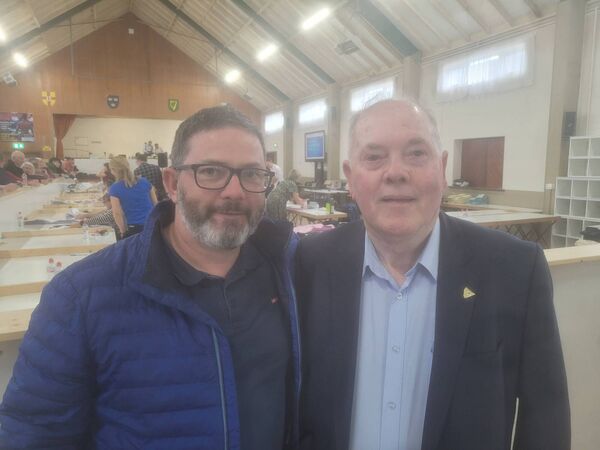 Son and father, outgoing councillor Donal Kilduff and former councillor Paddy Kilduff at the count centre this afternoon.