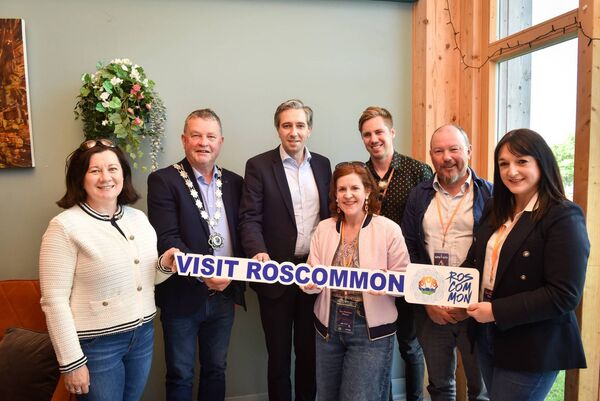 Taoiseach Simon Harris at the Night &amp; Day Festival at Lough Key Forest Park in Boyle with Imelda Hurley, CEO of Coillte, Cllr Pashcal Fitzmaurice, Cathaoirleach of Roscommon County Council; Louise Fitzpatrick, Coillte; Craig Hughes, organiser of Night &amp; Day; Pat Neville, Coillte and Lisa Joy, Tourism Officer, Roscommon County Council. Pic.Enda Regan 