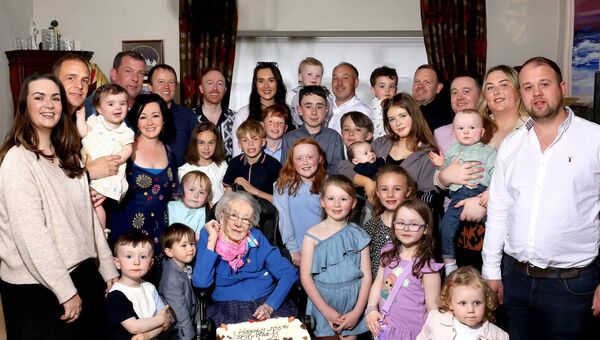 Bridget (B.T.) Naughton, Ballinvoher, Frenchpark who celebrated her 100th birthday recently with some of her 16 grandchildren and 24 great-grandchildren. 