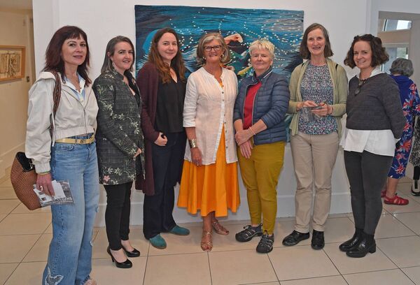 Pictured at the opening of han exhibition 'Story Cloths: Gestures, Journeys and Genealogies' by Frances Crowe at the Custom House Studios , Westport were Kate Cuddy, Emma Bourke, Christine Prescott, Frances Crowe, Breda Burns, Pauline Garavan and Sally-Anne McFadden. Pic. Conor McKeown