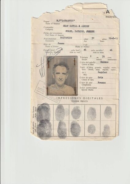 Paddy’s ID document from a ship called the SS Laurentis.