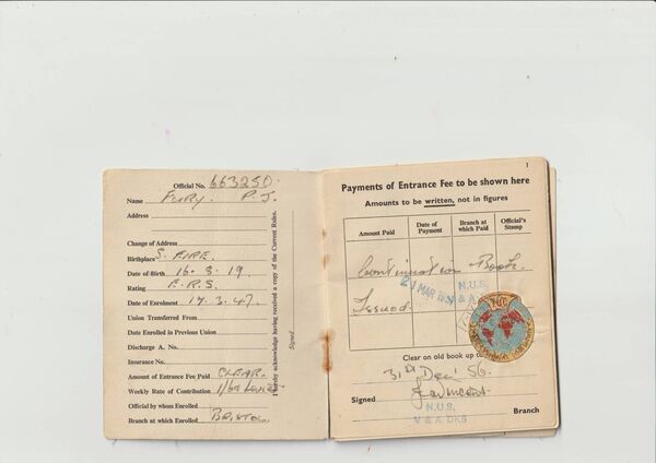 Paddy’s National Union of Seamen’s’ membership booklet from 1956.