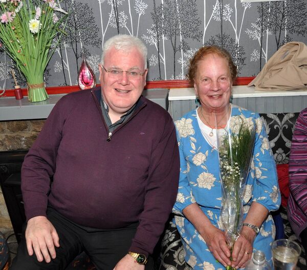 Fr Micheal Donnelly and Susan Carthy pictured in Boland’s Bar, Fairymount at a presentation to Cancer Care West following a recent fundraising 5k in Fairymount. Pic. Liam Reynolds 
