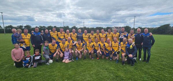 The Roscommon Masters football panel and management, pictured here after Saturday's victory against Galway, that have reached the All-Ireland semi-final. 