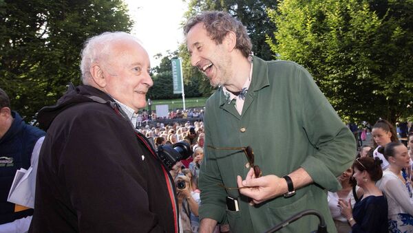 Actor Chris O'Dowd pictured with his father, Sean, when he returned to his native Boyle to officially open Boyle Arts Festival. Pic. Brian Farrell