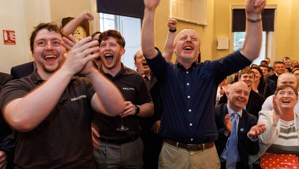 From left to right Peter Reynolds, Jake O’Brien and Ronan Wall, from Irish space engineering company Réaltra cheering as the new European rocket launch vehicle, the Ariane 6, launches into space. Pic. Damien Eagers / Coalesce From left to right Peter Reynolds, Jake O’Brien and Ronan Wall, from Irish space engineering company Réaltra cheering as the new European rocket launch vehicle, the Ariane 6, launches into space. Pic. Damien Eagers / Coalesce